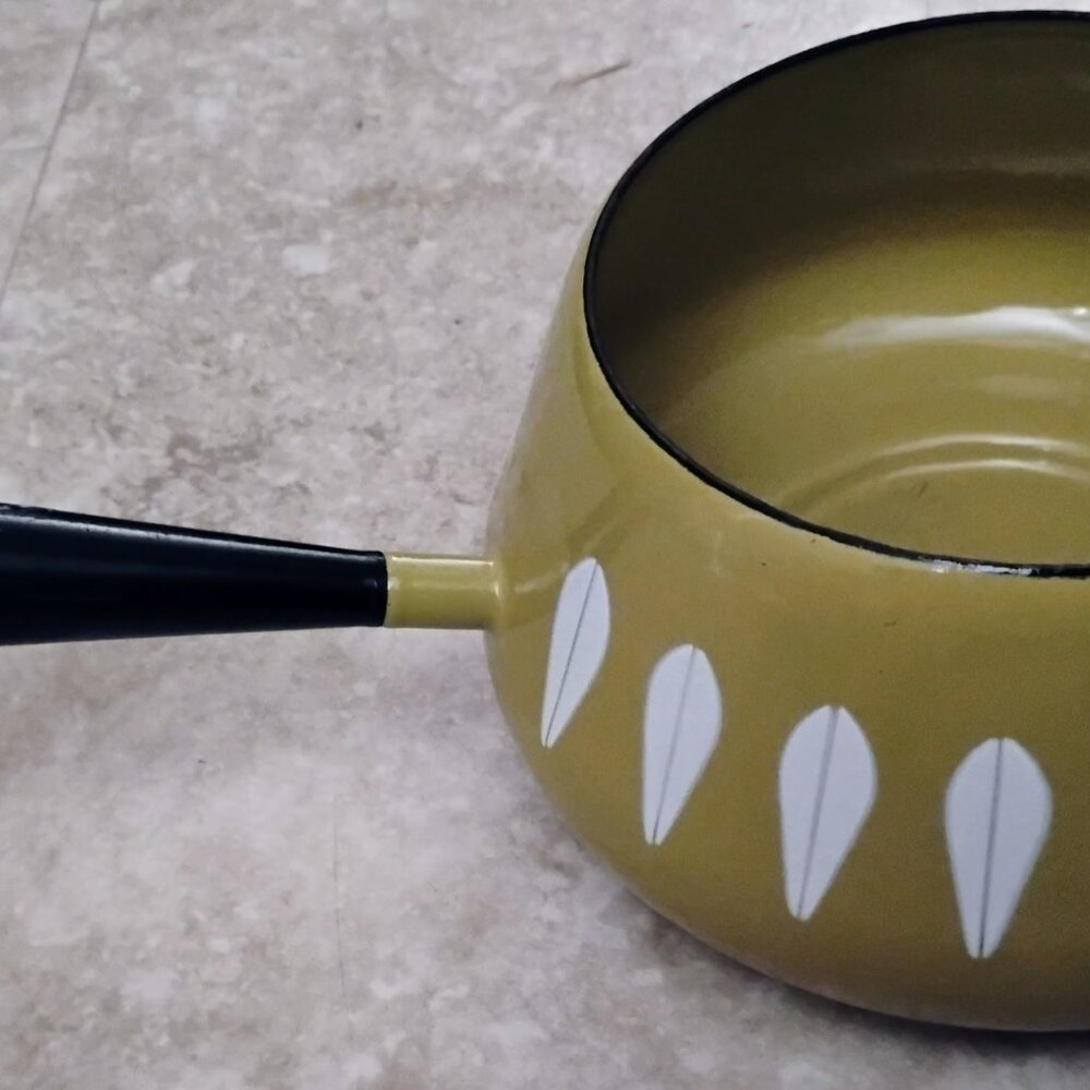 Vintage Cathrineholm style Lotus Enamel fondue pot Olive Yellow MCM - Picture 7 of 9